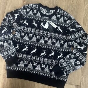 Magaschoni Men's Holiday Sweater Medium Viscose Blend Deer Snowflake Black‎ NWT